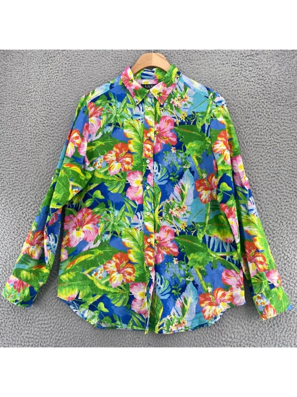 Lauren Ralph Lauren Shirt Women Medium Petites Green Multi Tropical Floral Linen